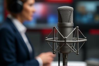 Microphone in front of a person speaking, symbolizing broadcast media production