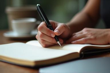 Person writing in a notebook, focusing on creative writing and narrative